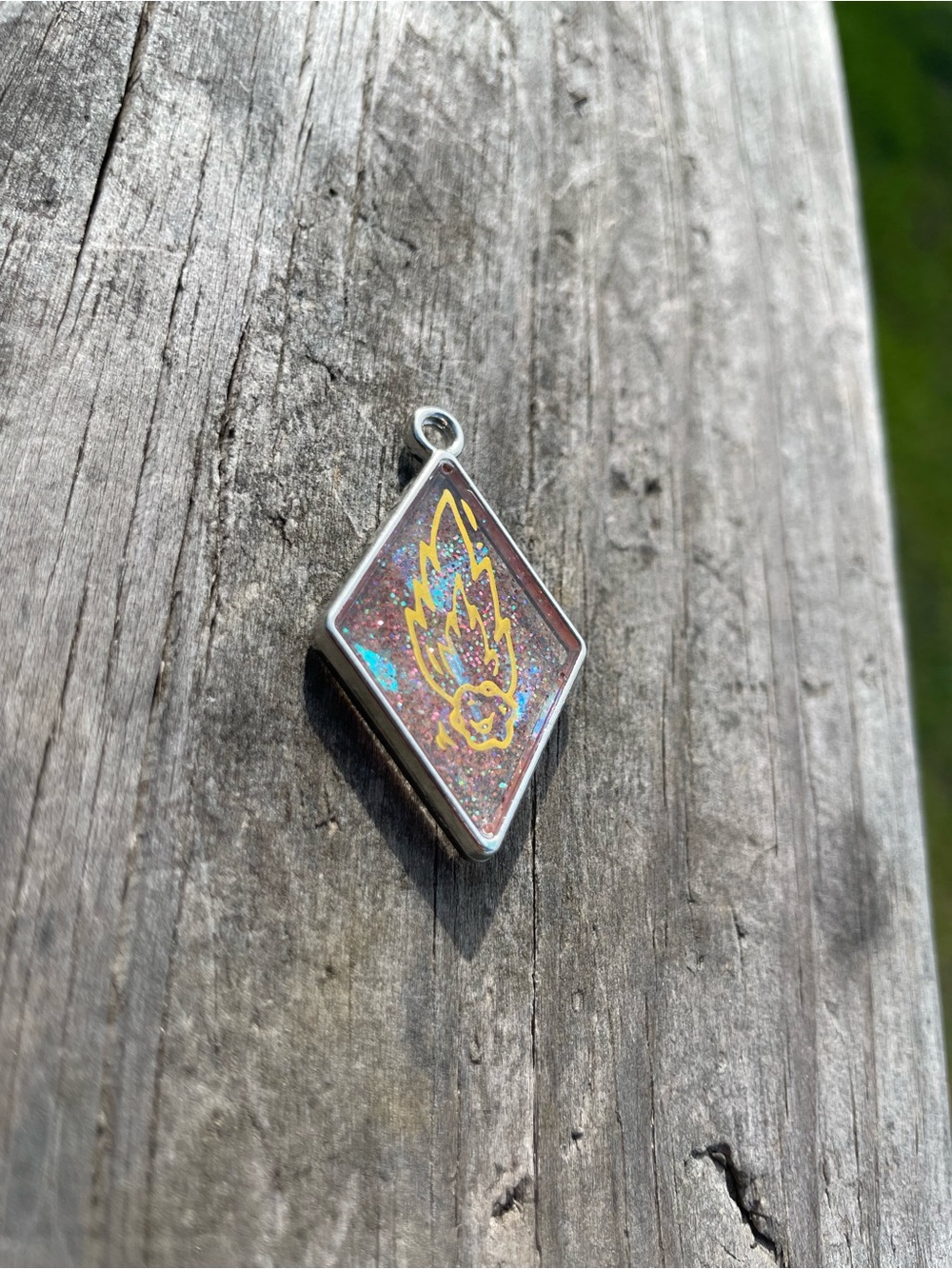 Iridescent Pink Diamond Charm with Gold Flame Design